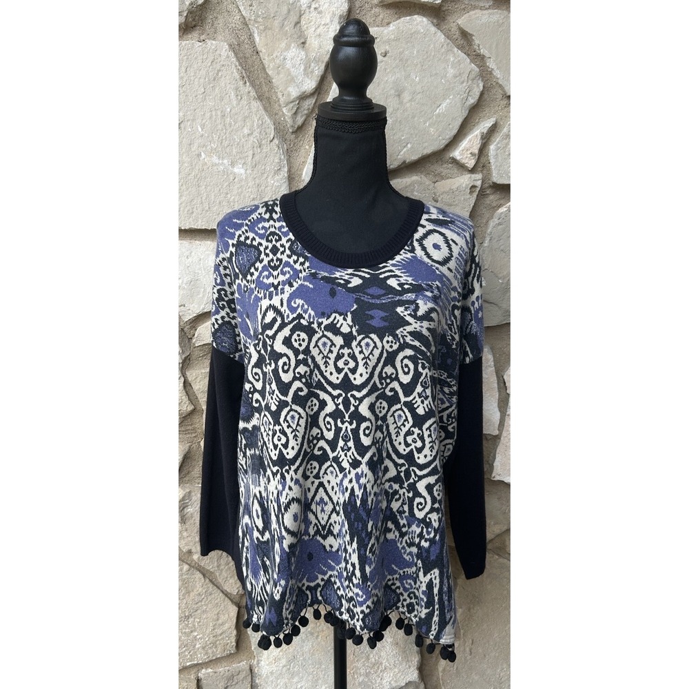 Rapsodia Sweater L XL Gray Black Ikat Print Pullover Long Sleeve Ball Fringe EC